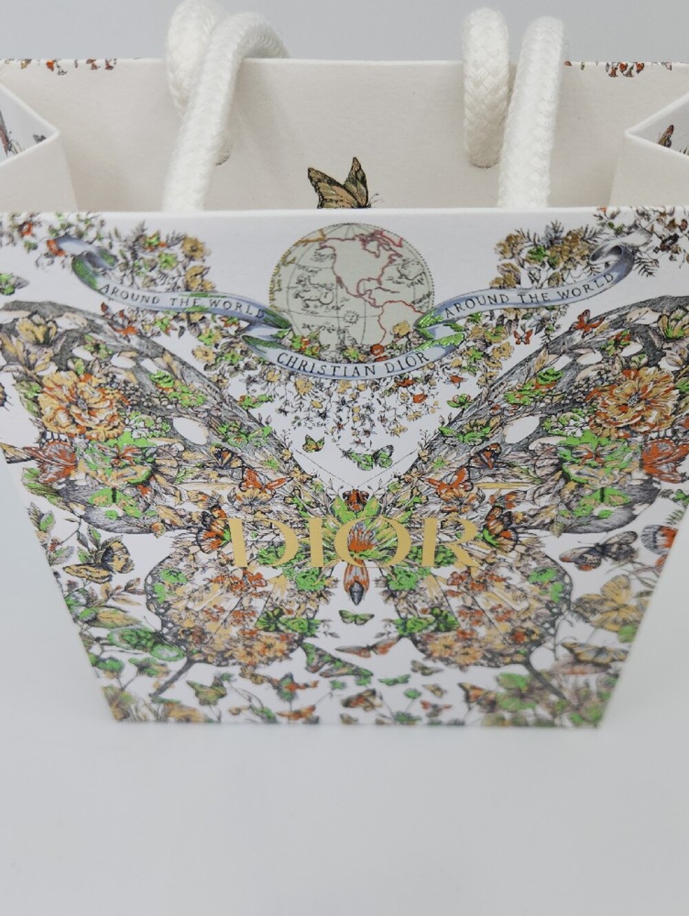 Dior White Floral Butterfly Gift Bag with Gold Logo - Small